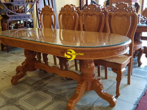 Bộ bàn ăn cổ điển mặt ovan gỗ gõ đỏ BBA129B