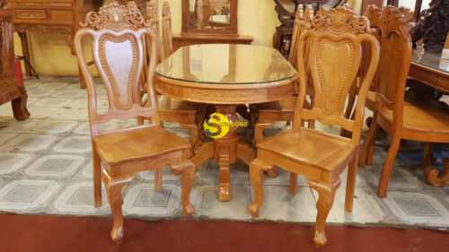 Bộ bàn ăn cổ điển mặt ovan gỗ gõ đỏ BBA129B