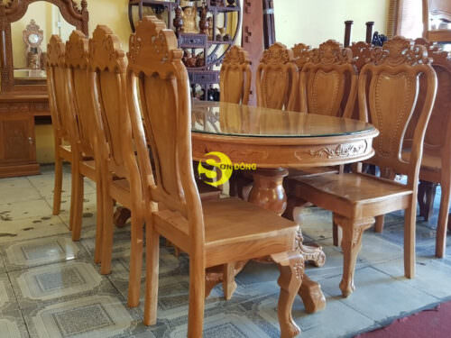 Bộ bàn ăn cổ điển mặt ovan gỗ gõ đỏ BBA129B
