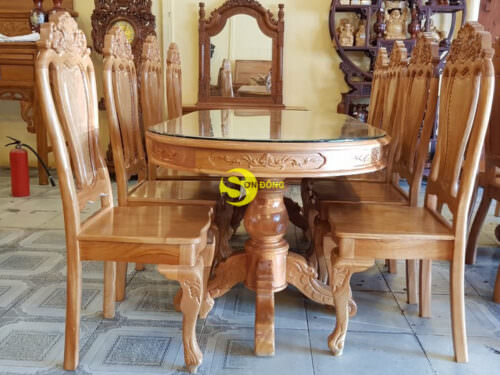 Bộ bàn ăn cổ điển mặt ovan gỗ gõ đỏ BBA129B