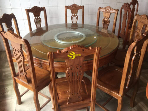 Bộ bàn ăn tròn gỗ hương đá cổ điển BBA109