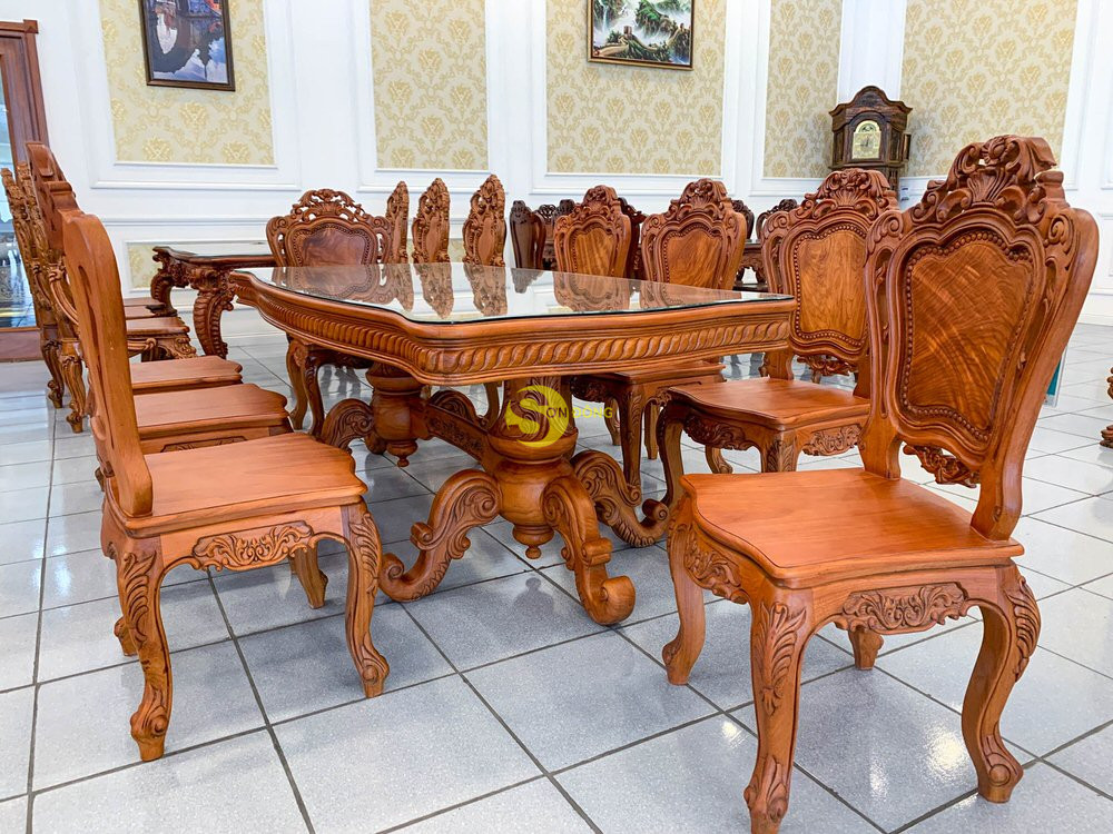 Bộ bàn ăn cổ điển Louis gỗ gõ đỏ 8 ghế BBA222