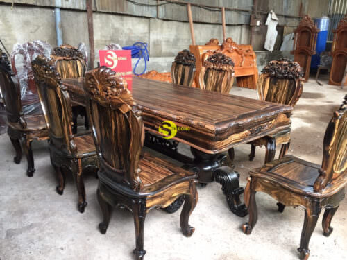Bộ bàn ghế phòng ăn gỗ mun sọc cổ điển cao cấp BBA521
