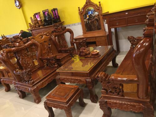 Bộ bàn ghế chạm nghê quả cầu gỗ hương tay 12 -BBG298 - Hình ảnh 10
