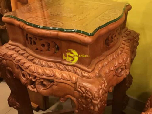 Bộ bàn ghế Rồng Đỉnh gỗ gõ đỏ chạm 2 mặt 17 món đoản dài 2,9m-BBG149A