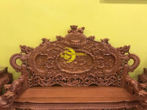 Bộ bàn ghế Rồng Đỉnh gỗ gõ đỏ chạm 2 mặt 17 món đoản dài 2,9m-BBG149A