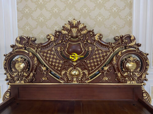 Giường ngủ cổ điển quý tộc gỗ gõ đỏ dát vàng VIP – GN99