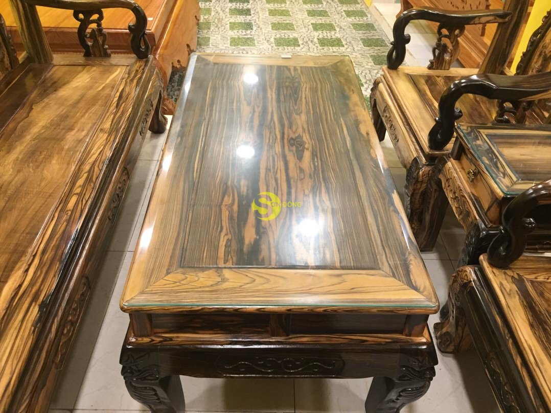 Bộ bàn ghế chạm đào gỗ mun sọc cột 10, 6 món – BBG319 (Ảnh 4)