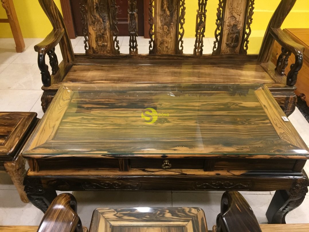 Bộ bàn ghế chạm đào gỗ mun sọc cột 10, 6 món – BBG319 (Ảnh 2)