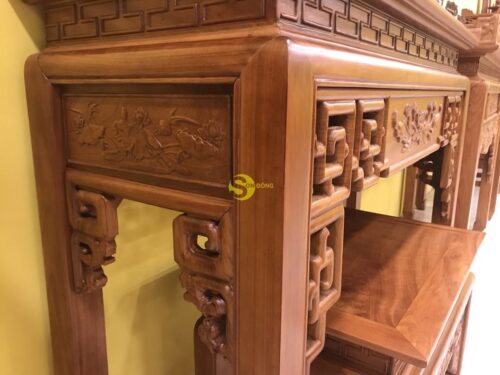 Bộ bàn thờ và bàn cúng gõ đỏ triện hoa sen 1,53m - SD102 - Hình ảnh 5