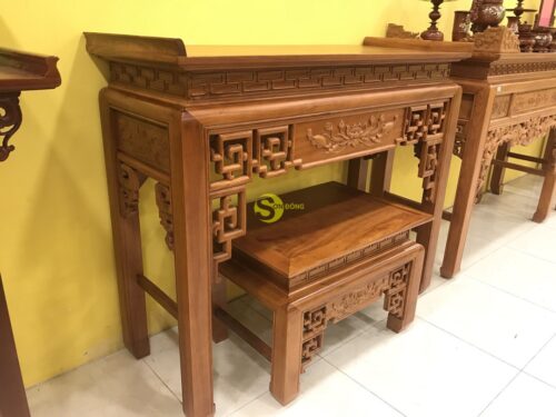 Bộ bàn thờ và bàn cúng gõ đỏ triện hoa sen 1,53m - SD102 - Hình ảnh 4
