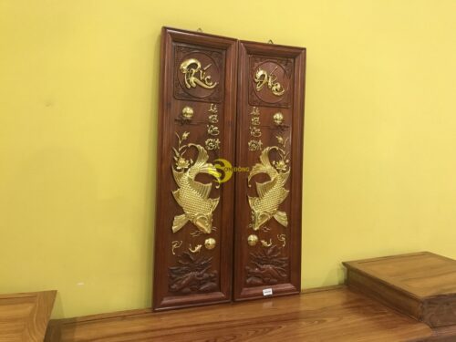 Tranh lý ngư vọng nguyệt dát vàng gỗ hương - T1410 - Hình ảnh 6