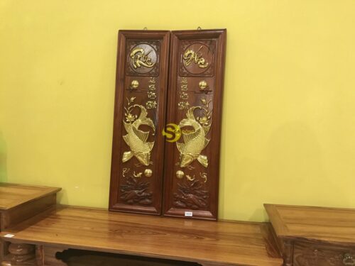 Tranh lý ngư vọng nguyệt dát vàng gỗ hương - T1410 - Hình ảnh 5