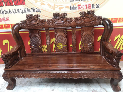 Bộ bàn ghế chạm lân nghê gỗ cẩm lai cẩn ốc tay 16 - 10 món - Hình ảnh 4