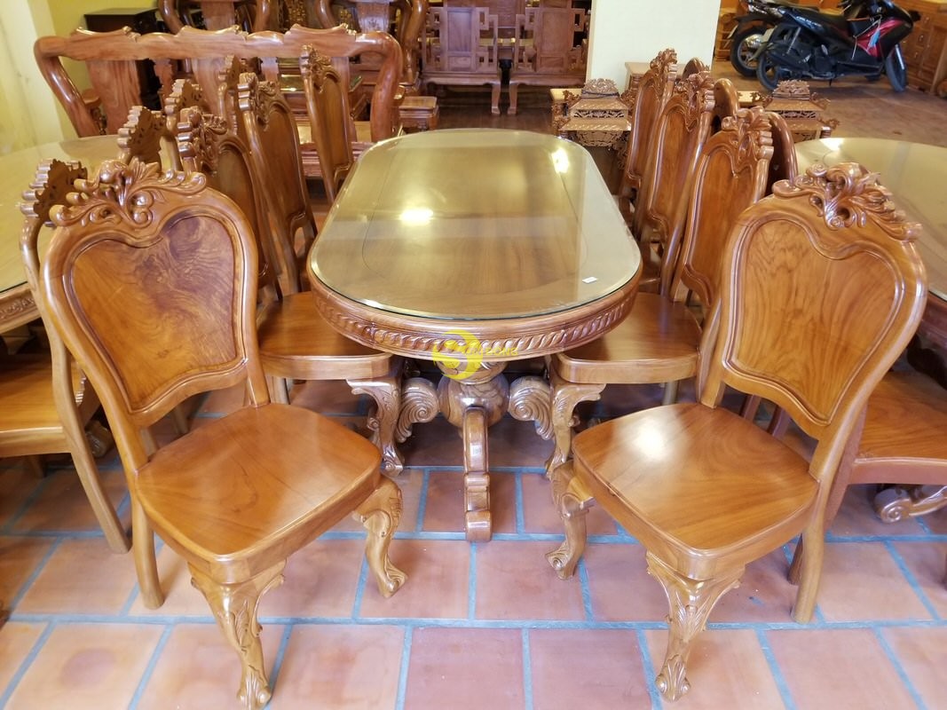 Bộ bàn ăn louis gỗ gõ đỏ 8 ghế ovan – BBA2238B (Ảnh 1)