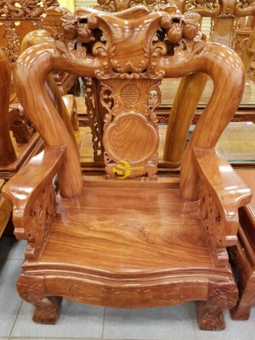 Bộ bàn ghế gỗ hương đá chạm đào tay rồng, mặt liền 6 món BBG049 - Hình ảnh 16