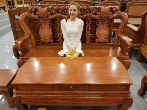 Bộ bàn ghế gỗ hương đá chạm đào tay rồng, mặt liền 6 món BBG049 - Hình ảnh 15