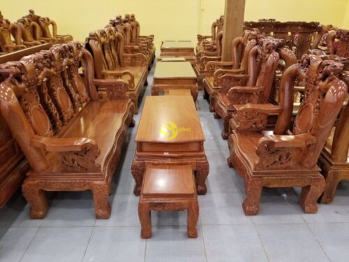 Bộ bàn ghế gỗ hương đá chạm đào tay rồng, mặt liền 6 món BBG049 - Hình ảnh 13