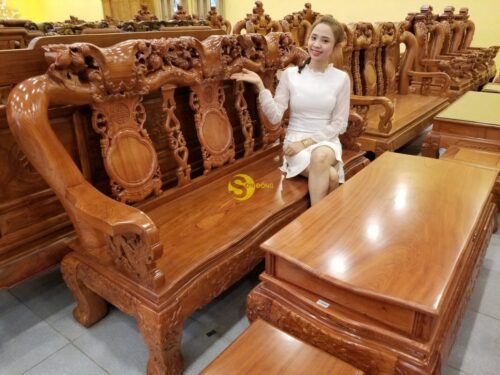 Bộ bàn ghế gỗ hương đá chạm đào tay rồng, mặt liền 6 món BBG049 - Hình ảnh 12