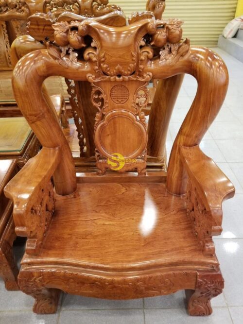 Bộ bàn ghế gỗ hương đá chạm đào tay rồng, mặt liền 6 món BBG049 - Hình ảnh 11