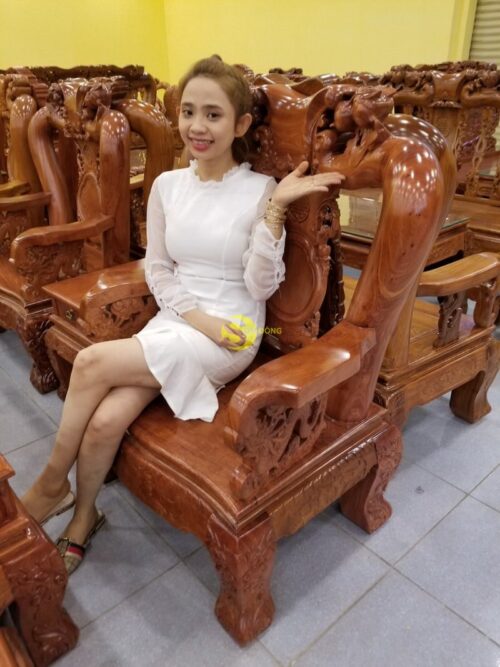 Bộ bàn ghế gỗ hương đá chạm đào tay rồng, mặt liền 6 món BBG049 - Hình ảnh 8