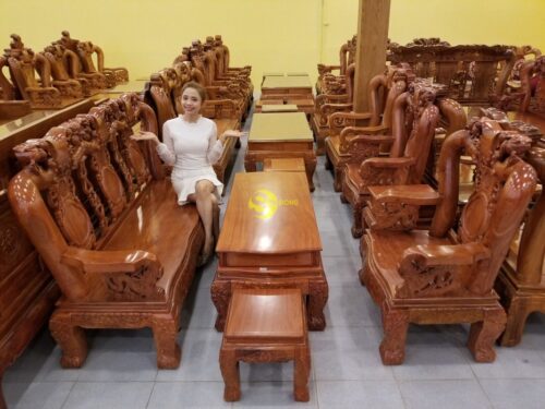 Bộ bàn ghế gỗ hương đá chạm đào tay rồng, mặt liền 6 món BBG049 - Hình ảnh 7
