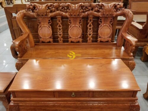 Bộ bàn ghế gỗ hương đá chạm đào tay rồng, mặt liền 6 món BBG049 - Hình ảnh 2