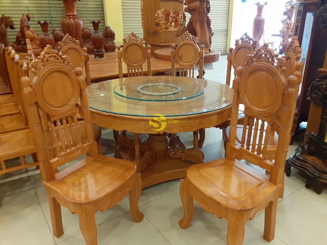 Bộ bàn ăn gõ đỏ 8 ghế mặt trời lá tây cổ điển nam bộ bàn tròn-BBA2288T (Ảnh 8)