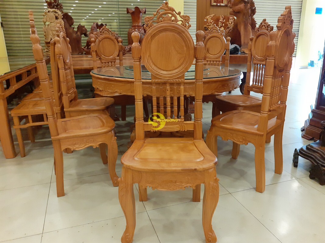 Bộ bàn ăn gõ đỏ 8 ghế mặt trời lá tây cổ điển nam bộ bàn tròn-BBA2288T (Ảnh 7)