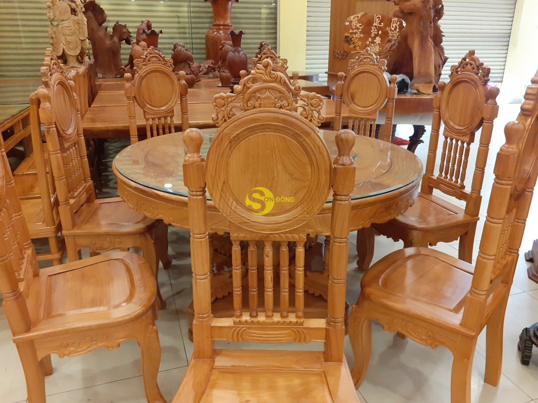 Bộ bàn ăn gõ đỏ 8 ghế mặt trời lá tây cổ điển nam bộ bàn tròn-BBA2288T (Ảnh 6)
