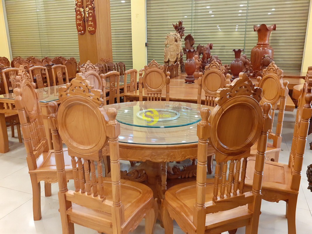 Bộ bàn ăn gõ đỏ 8 ghế mặt trời lá tây cổ điển nam bộ bàn tròn-BBA2288T (Ảnh 2)