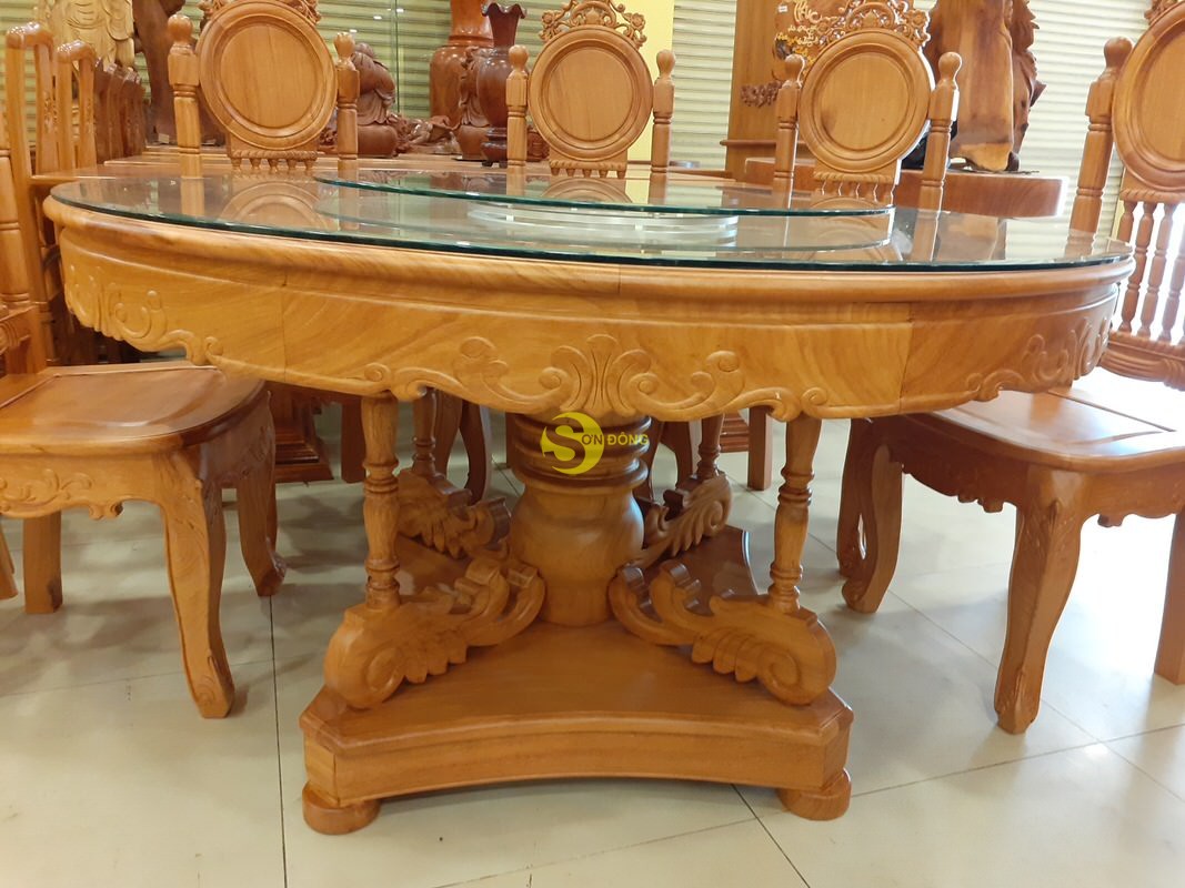 Bộ bàn ăn gõ đỏ 8 ghế mặt trời lá tây cổ điển nam bộ bàn tròn-BBA2288T (Ảnh 1)