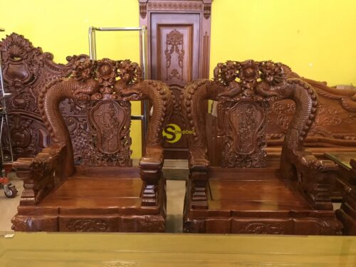 Bộ bàn ghế chạm rồng cột đục nổi gỗ hương tay 16 10 món BBG908 - Ảnh 27