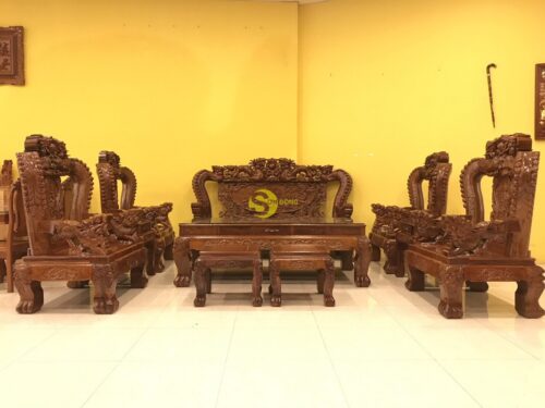 Bộ bàn ghế chạm rồng cột đục nổi gỗ hương tay 16 10 món BBG908 - Ảnh 18
