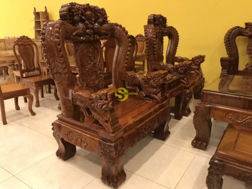 Bộ bàn ghế chạm rồng cột đục nổi gỗ hương tay 16 10 món BBG908 - Ảnh 15