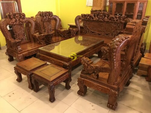 Bộ bàn ghế chạm rồng cột đục nổi gỗ hương tay 16 10 món BBG908 - Ảnh 21