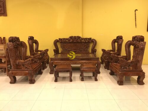 Bộ bàn ghế chạm rồng cột đục nổi gỗ hương tay 16 10 món BBG908 - Ảnh 11