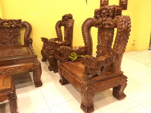 Bộ bàn ghế chạm rồng cột đục nổi gỗ hương tay 16 10 món BBG908 - Ảnh 9