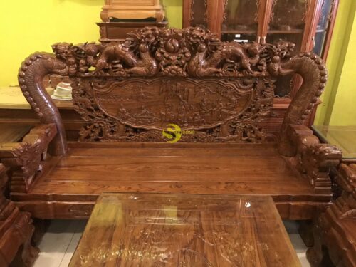 Bộ bàn ghế chạm rồng cột đục nổi gỗ hương tay 16 10 món BBG908 - Ảnh 34