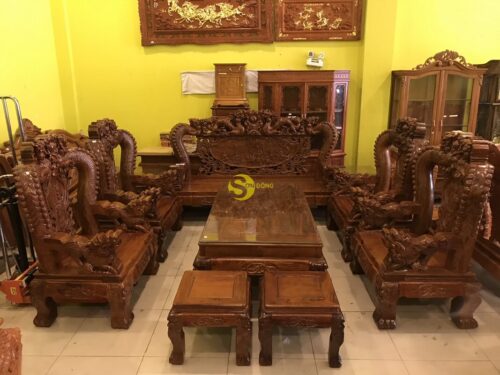 Bộ bàn ghế chạm rồng cột đục nổi gỗ hương tay 16 10 món BBG908 - Ảnh 33