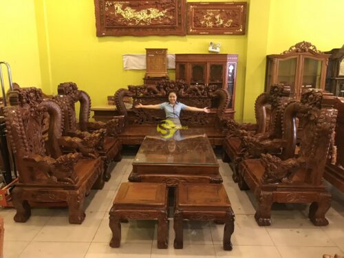 Bộ bàn ghế chạm rồng cột đục nổi gỗ hương tay 16 10 món BBG908 - Ảnh 31