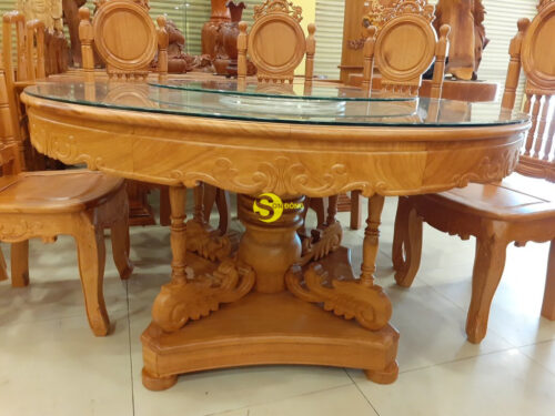Bộ bàn ăn gỗ gõ đỏ tựa lưng mặt trời lá tây cao cấp BBA2288T