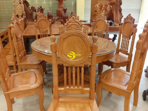 Bộ bàn ăn gỗ gõ đỏ tựa lưng mặt trời lá tây cao cấp BBA2288T