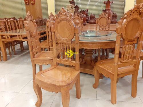 Bộ bàn ăn gỗ gõ đỏ tựa lưng mặt trời lá tây cao cấp BBA2288T