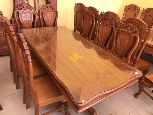 Bộ bàn ăn gõ đỏ 10 ghế hoa lá tây bàn vuông lượn - BBA21610L - Hình ảnh 11