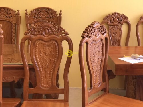 Bộ bàn ăn gõ đỏ 10 ghế hoa lá tây bàn vuông lượn - BBA21610L - Hình ảnh 10