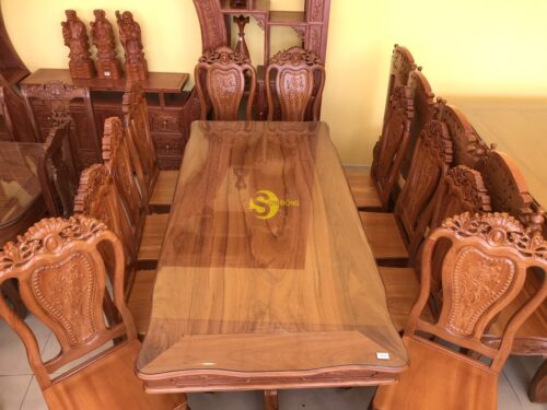 Bộ bàn ăn gõ đỏ 10 ghế hoa lá tây bàn vuông lượn - BBA21610L - Hình ảnh 8
