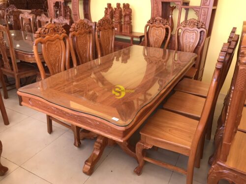Bộ bàn ăn gõ đỏ 10 ghế hoa lá tây bàn vuông lượn - BBA21610L - Hình ảnh 6