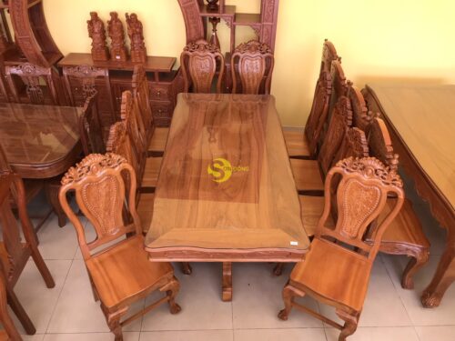 Bộ bàn ăn gõ đỏ 10 ghế hoa lá tây bàn vuông lượn - BBA21610L - Hình ảnh 2