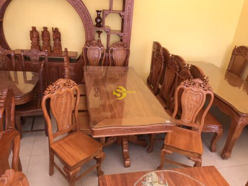 Bộ bàn ăn gõ đỏ 10 ghế hoa lá tây bàn vuông lượn - BBA21610L - Hình ảnh 5